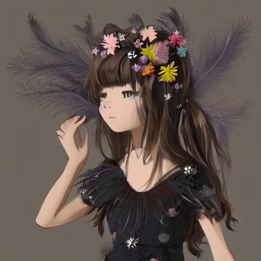 Image similar to little girl with flowers in hair wearing an dress made of feathers, anime style, 8 k, cgi, concept art