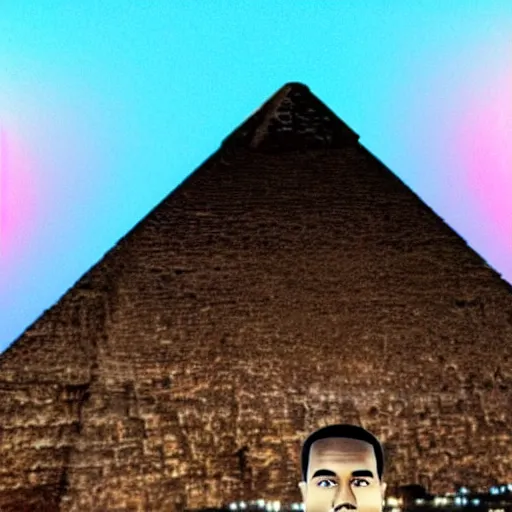 Prompt: a hologram of Kanye West projected on top of the Great Pyramids of Giza at night.