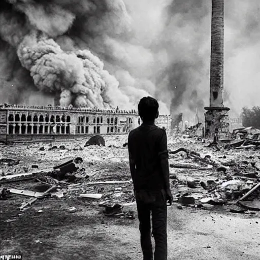 Prompt: the city is burning and fire is everywhere, palaces are collapsing just a man was standing alone crying while world is getting destroyed detailed picture