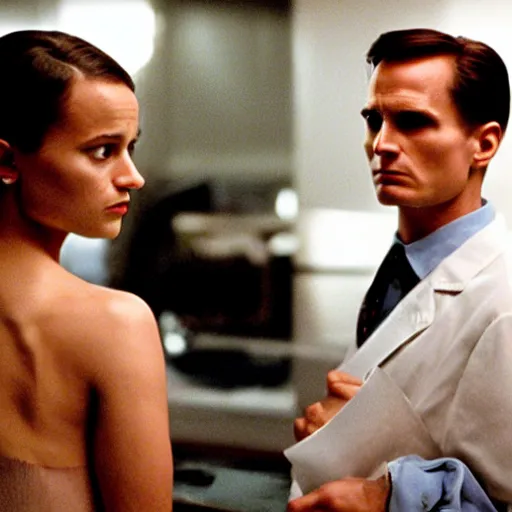 Image similar to Alicia Vikander and Patrick Bateman in American Psycho (1999)