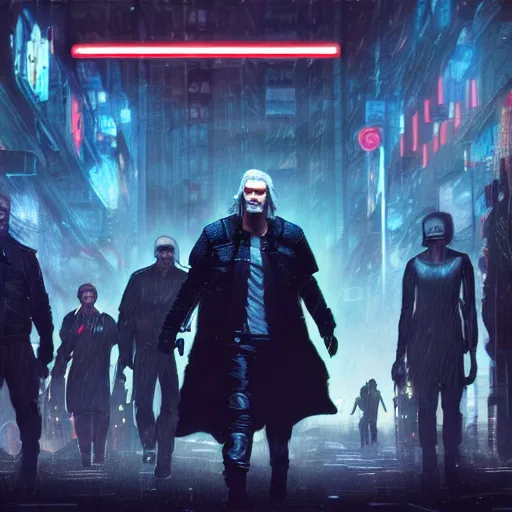 Image similar to Dystopian cyberpunk geralt of trivia and his team on the Chase TV show. Bladerunner. Digital render. High quality digital art. Artstation. 4K. In the style of Gottfried Helnwein's Boulevard of Broken Dreams