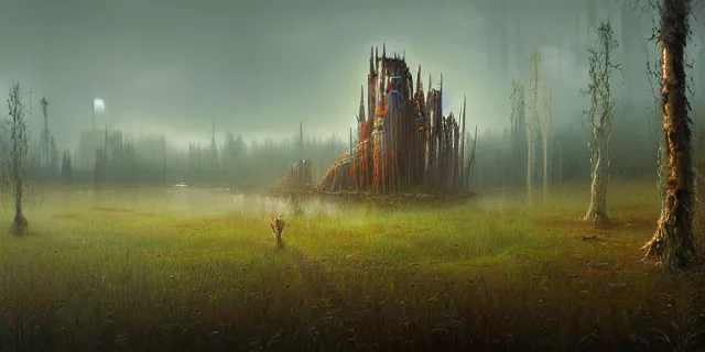 Image similar to painting dreadful forest of weeping willows in a bog by tomasz alen kopera and cornelius dammrich with futuristic wood castle by eddie jones and simon stahlenhag