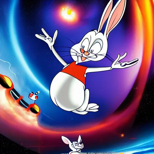 Prompt: Poster of Bugs Bunny in space dunking into a black hole pixar movie