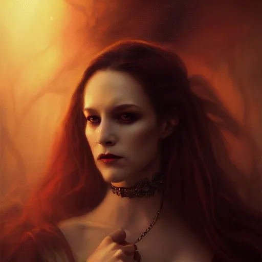 Image similar to majestic gracious regal aristocratic female vampire portrait, atmospheric lighting, painted, ravenous, tempestuous, menacing, intricate, volumetric lighting, beautiful, rich deep colours masterpiece, golden hour, sharp focus, ultra detailed, by leesha hannigan, ross tran, thierry doizon, kai carpenter, ignacio fernandez rios