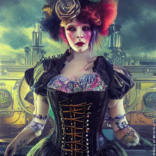 Image similar to photorealistic portrait of a curiosities carnival, single doll punk in a full steampunk corset, cyberpunk dyed haircut, looking at camera, symmetry accurate features, focus, rainbow lighting, very intricate details, award winning masterpiece, by tom bagshaw, world of lovecraft background