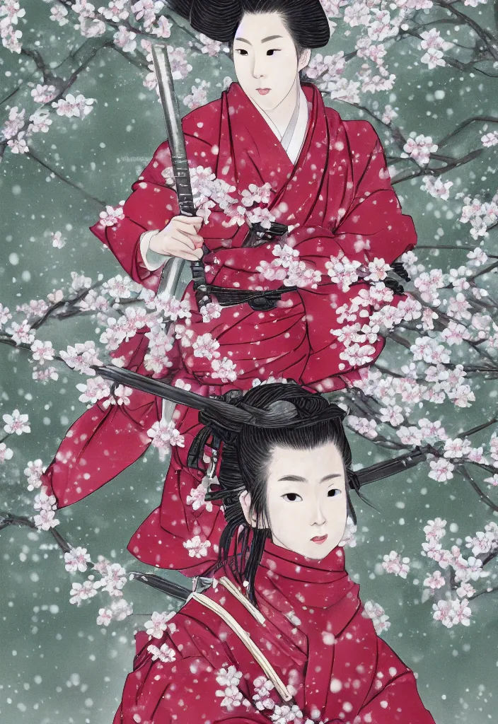 Prompt: detailed portrait of girl samurai in hakama with swords and rifles, in snow forest sakura cherry blossom, taisho roman, trending on artstation, elite, elegant, luxury, perfect face, fine details, realistic shaded, fine - face, pretty face