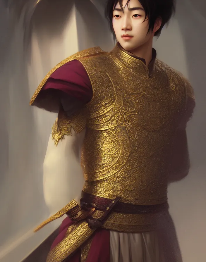 Image similar to a portrait of a asian male prince, illustration, soft lighting, soft details, dark mood, painting oil on canvas by Edmund Blair Leighton and Charlie Bowater octane render trending on artstation d&d characters, 4k, 8k, HD