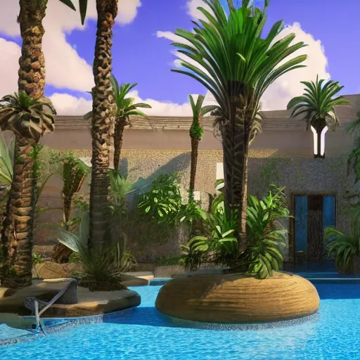 Prompt: a pool in a ancient egyptian interior full of plants and palms, 3d render,unreal engine