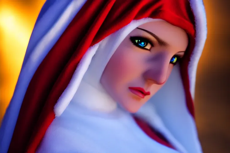 Prompt: virgin mary cosplay, beautiful face, north pole, blizzard, artstation, 4 k, proper body build, good light