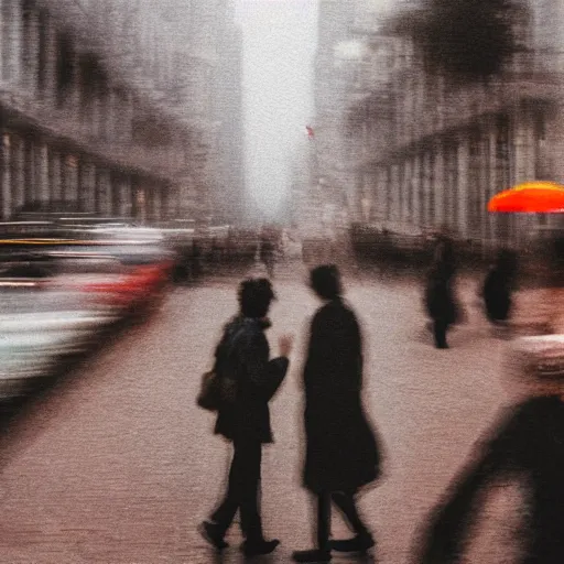 Prompt: blurry melancholic people at misty city street