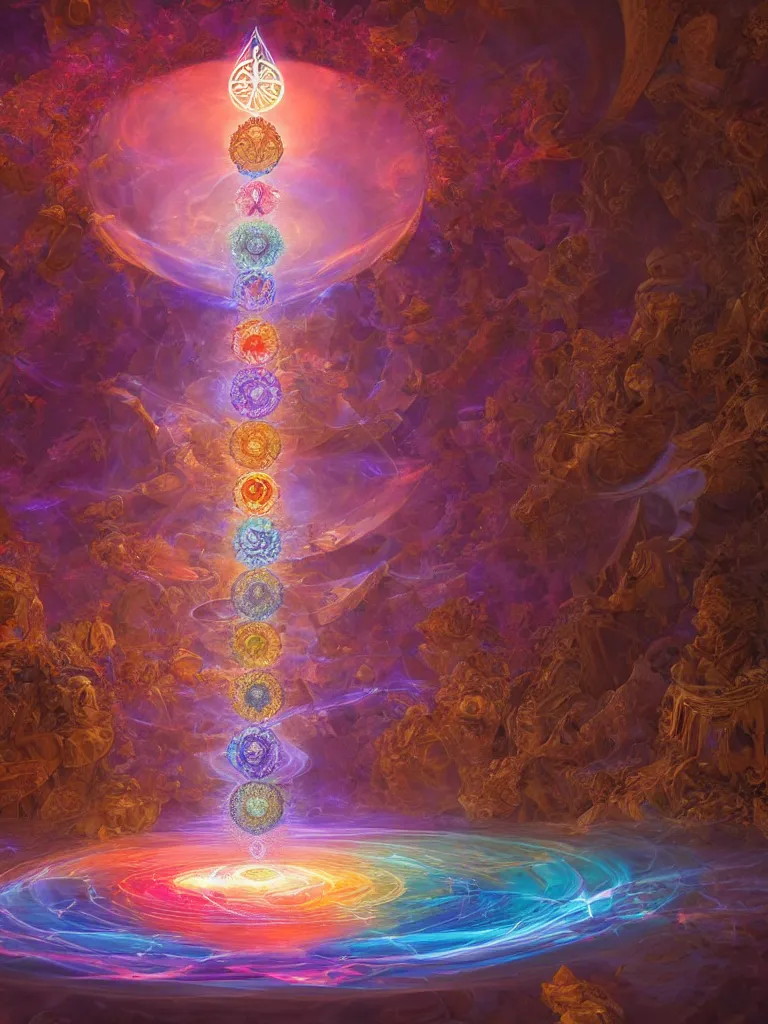 Prompt: a detailed depiction of the chakra energy fields spiraling fractal sacred geometry surrounding a beautiful goddesses, by justin gerard and craig mullins, 3 d, cinema 4 d render, trending on artstation, 8 k