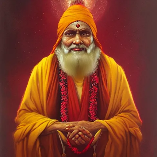 Image similar to wise old Indian guru, red and gold, by Anato Finnstark, Tom Bagshaw, Brom