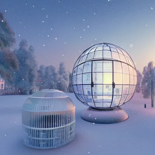 Image similar to a snow globe with a building in it, a computer rendering by leandro erlich, trending on cgsociety, retrofuturism, tesseract, isometric, physically based rendering