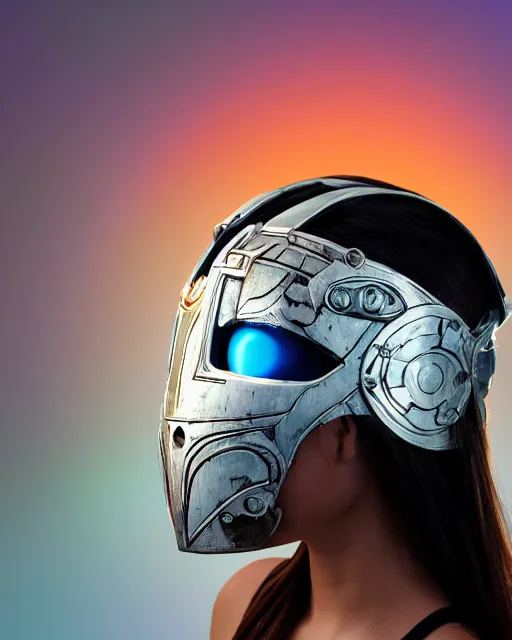 Prompt: centered medium shot fine studio photograph of a young woman wearing only a white solarpunk mecha Mayan helmet with bright lights, ultra-realistic, white background, 8k HDR sunset lit, intricate