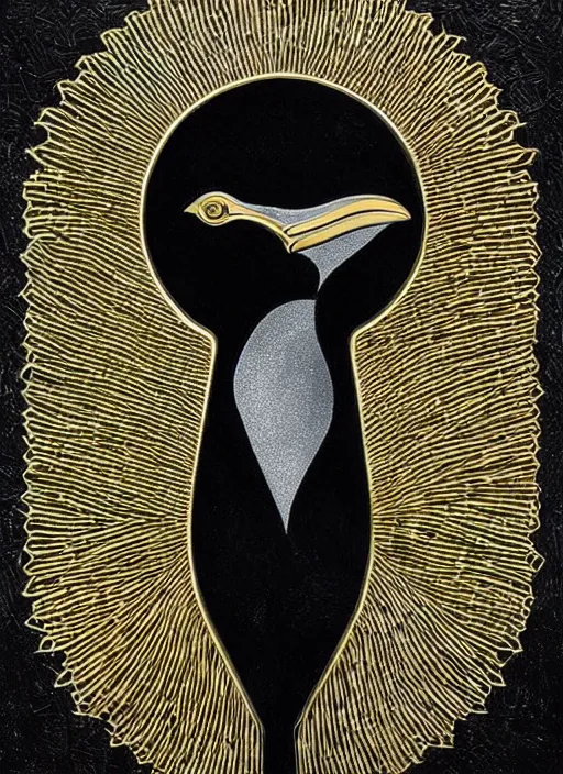 Image similar to black gold silver, crow portrait!!!!!, symmetrical, award - winning painting, abstract, gold and silver shapes, rectangles, geometry, elegant, luxurious, beautiful, pitch black background, dali
