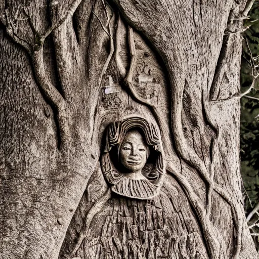 Prompt: an old living tree with a carving of the goddesses fraya, award winning photo, day time photos, 8 k photography.