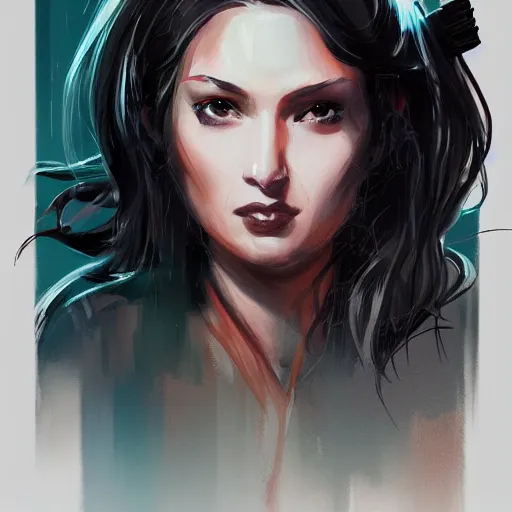 Image similar to stylized portrait of woman with long black frizzy hair wielding a neon katana by Dustin Nguyen, artstation, professionally illustrated