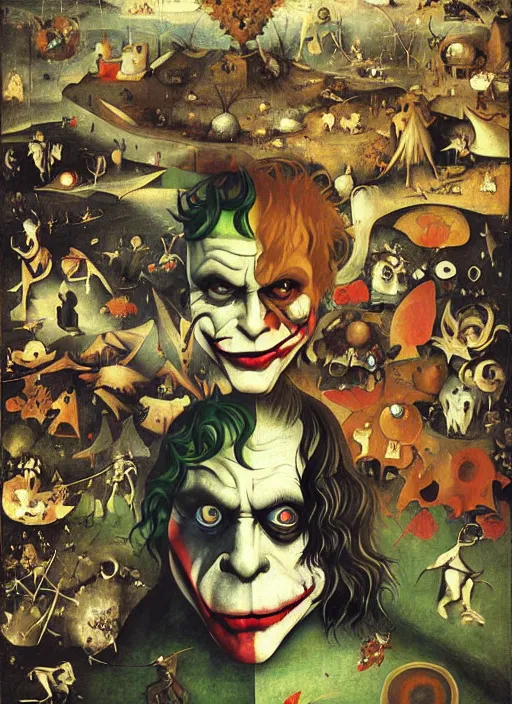 Image similar to portrait of the joker stars in the sky fairies with detailed faces enchanted forest on the ground psychedelic wide angle shot white background vector art illustration gears of war by hieronymus bosch and frank frazetta