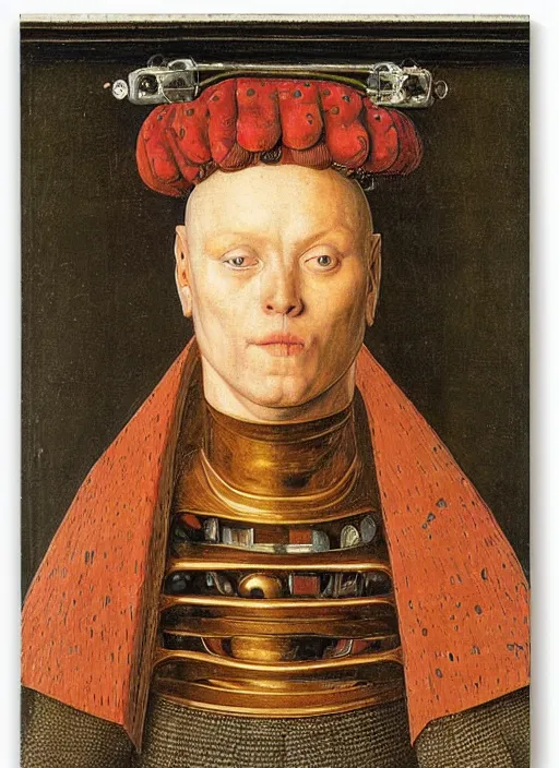 Image similar to a portrait of a half-human, half-machine cybord by Jan van Eyck