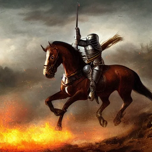 Image similar to an epic painting of a knight on a horse fighting in a battlefield, cinematic shot, incredibly high detailed, 4k image quality, dark atmosphere