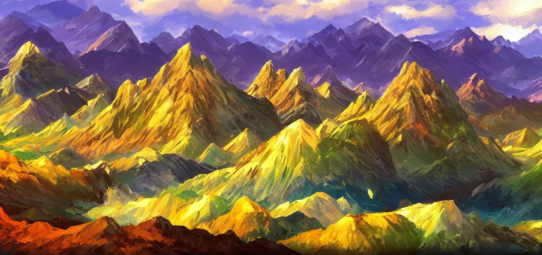 Image similar to vast mountain landscape, craggy mountains, magic the gathering, three - colors, three - color color palette, panoramic, wide angle, horizon, highly detailed