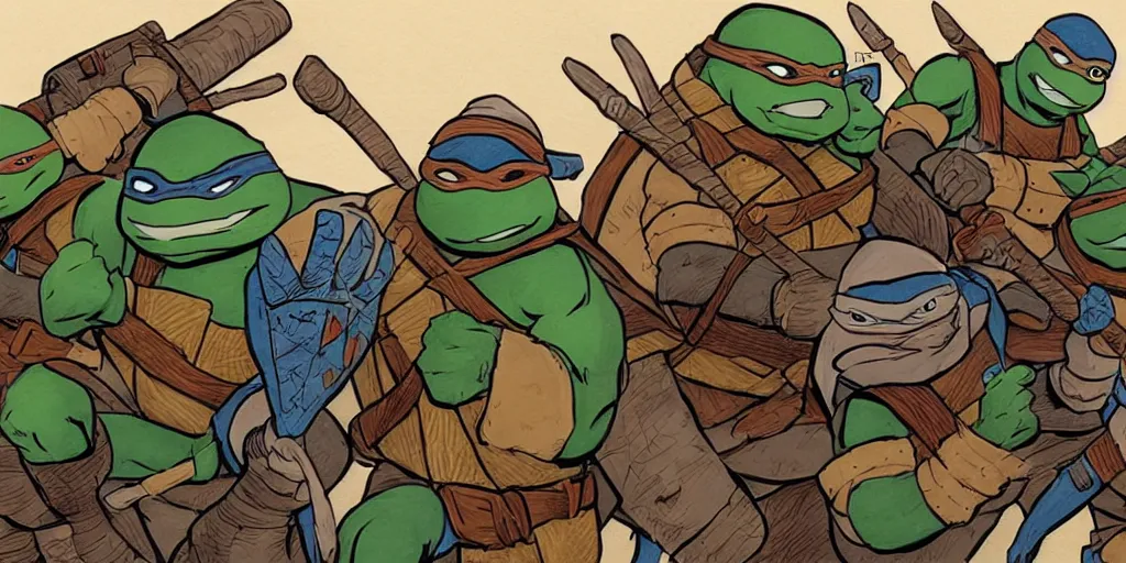 Prompt: medieval teenage mutant ninja turtles comics trending on artstation