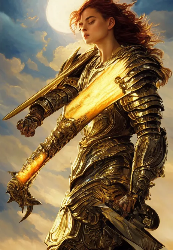 Image similar to A beautiful fierce angel wearing metal battle armor and a flaming sword, among heavenly sunlit clouds, close-up, intricate, elegant, digital painting, golden hour, cinematic, trending on artstation, concept art, smooth, sharp focus, illustration, art by artgerm and Greg Rutkowski and Alphonse Mucha