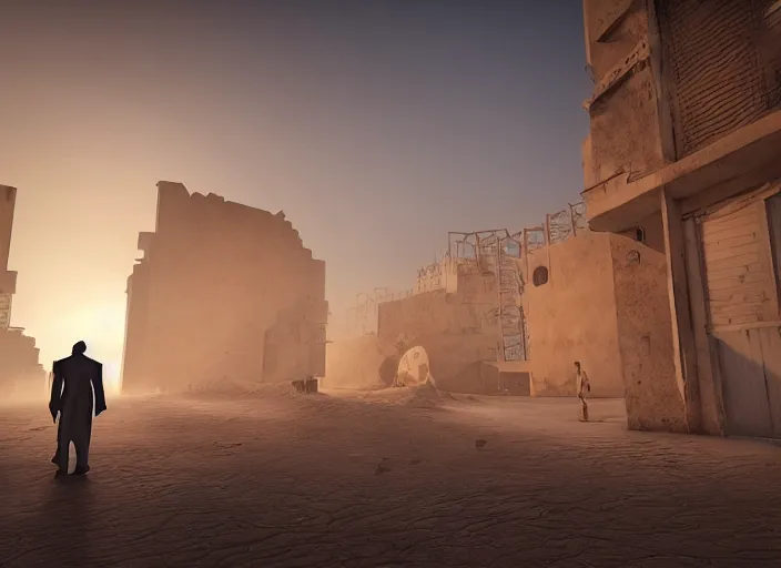 Image similar to old cyber jeddah city alley, roshan, old shops, horse, magical glowing sand gateway to another dimension, ( several robots )!!! and a man wearing a white robe standing watching over, dramatic lighting, dawn, by caspar david friedrich, unreal engine 5