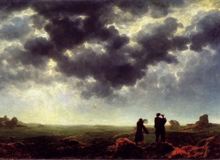 Prompt: Watching the clouds together, epic clouds, billowy landscape, glorious sunlight, caspar david friedrich