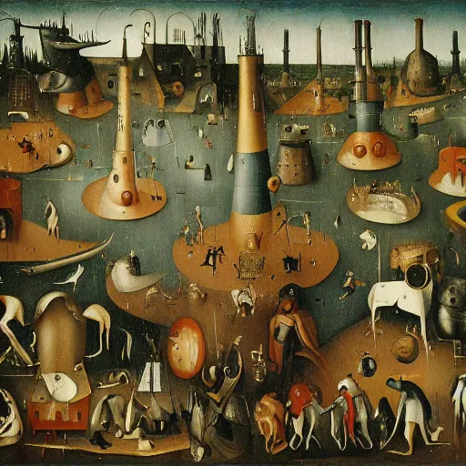 Image similar to a depication of a factory in the style of Hieronymus Bosch.