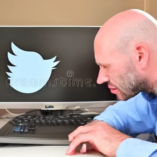 Image similar to crying sad hairless bald man crying at his computer with twitter open in the background, stock photo