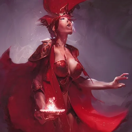 Image similar to a beautiful artwork of a scarlet sorceress performing magic, by raymond swanland and jesper ejsing, featured on art station, lighting study, concept art, beautiful composition, rim light