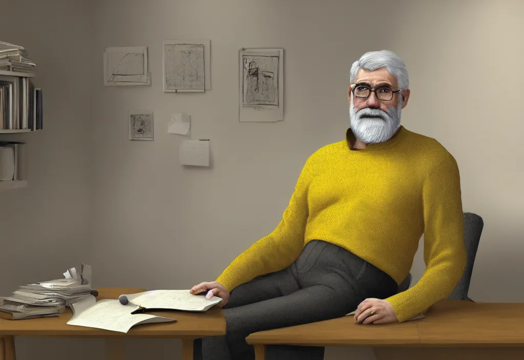 Prompt: Gray bearded professor sits in his study wearing a yellow sweater, hyperrealistic, portrait, concept art, illustration, 8k, artstation, digital painting