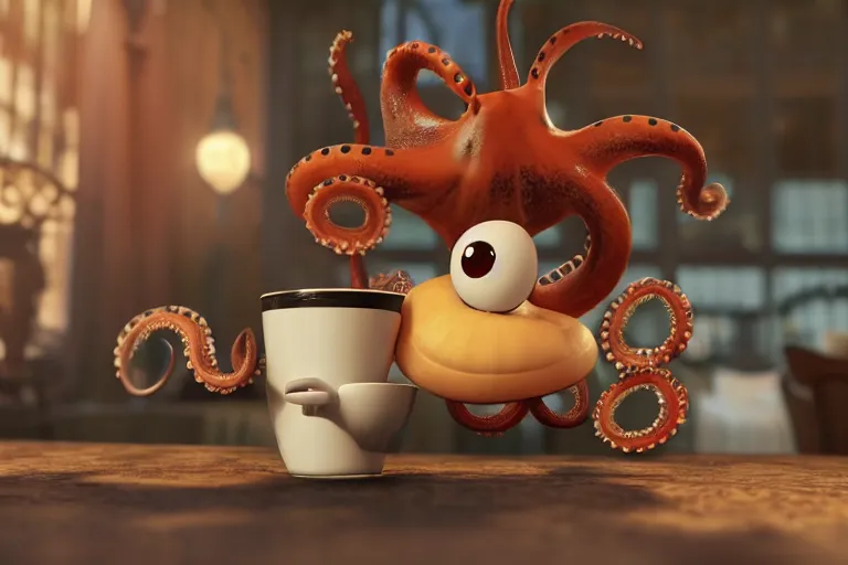 Image similar to Funny little octopus crawling out from a cup of coffee in beautiful morning café in Paris. Pixar Disney 4K 3d render funny animation movie Oscar winning trending on ArtStation and Behance. Ratatouille style.