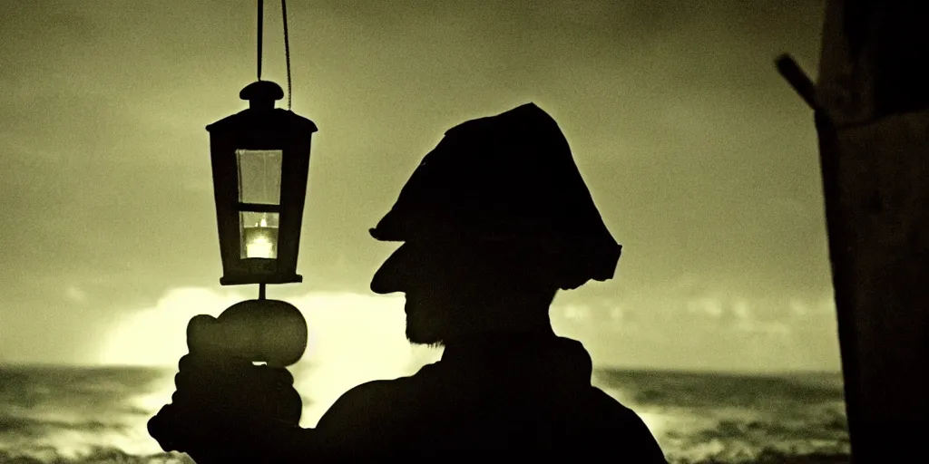 Image similar to film still of closeup old man holding up lantern by his beach hut at night. pirate ship in the ocean by emmanuel lubezki