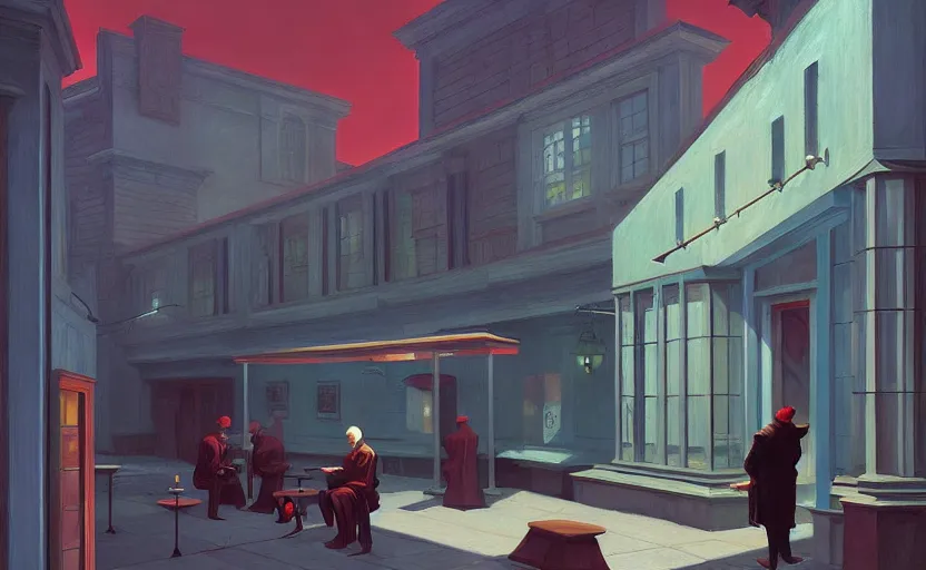 Image similar to Mysteriuos Tavern, very coherent, painted by Edward Hopper, Wayne Barlowe, painted by James Gilleard, airbrush, art by JamesJean