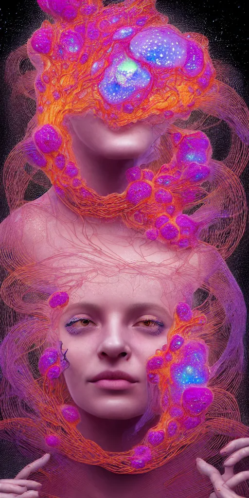 Image similar to hyper detailed 3d render like a Oil painting - portrait of Aurora (Singer) seen Eating of the Strangling network of yellowcake aerochrome and milky Fruit that covers her body and Her delicate Hands hold of gossamer polyp blossoms bring iridescent fungal flowers whose spores black the foolish stars by Jacek Yerka, Mariusz Lewandowski, Houdini algorithmic generative render, Abstract brush strokes, Masterpiece, Edward Hopper and James Gilleard, Zdzislaw Beksinski, Mark Ryden, Wolfgang Lettl, hints of Yayoi Kasuma, octane render, 8k