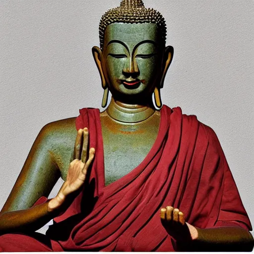 Image similar to buddhist meditating, full body, hand gesture, photorealistic art