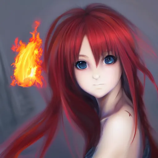 Prompt: advanced digital portrait painting photograph, a teenage anime girl wearing a dress made of fire , full body, very long black and red hair, eye color like magma , full round face, seductive stare, cinematic lighting, medium shot, MCU, highly detailed, trending on artstation, CSP, Photoshop, Stanley Artgerm Lau, WLOP, Rossdraws, James Jean, Andrei Riabovitchev, Marc Simonetti, and Sakimichan