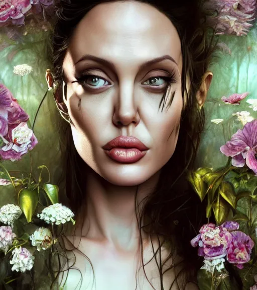 Image similar to portrait of the young angelina jolie of the underworld, surrounded by flowers by karol bak, james jean, tom bagshaw, rococo, trending on artstation, cinematic lighting, hyper realism, octane render, 8 k, hyper detailed.
