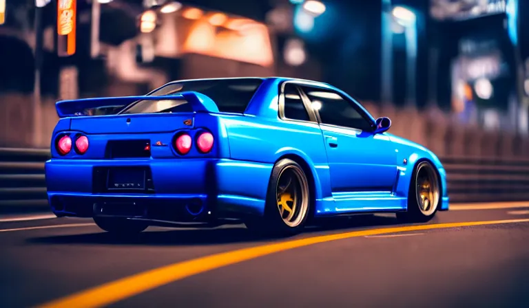 Image similar to wideshot of a Bayside Blue R34 Skyline GT-R driving in tokyo at night, highly detailed, 4k photo