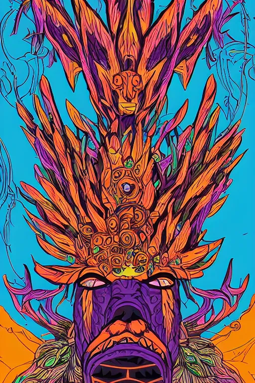 Image similar to animal mask totem roots flower tribal feather gemstone plant wood rock shaman vodoo video game vector cutout illustration vivid multicolor borderlands comics by josan gonzales and dan mumford radiating a glowing aura