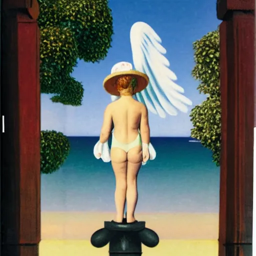 Prompt: An angel girl with jester hat and clothes on the front of a Balustrade with a beach on the background, major arcana cards, by Rene Magritte, hyperrealistic