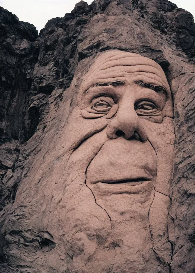 Prompt: danny devito's face carved into the side of an enormous mountain, photo, 2 4 mm f / 8, cinestill 8 0 0 t