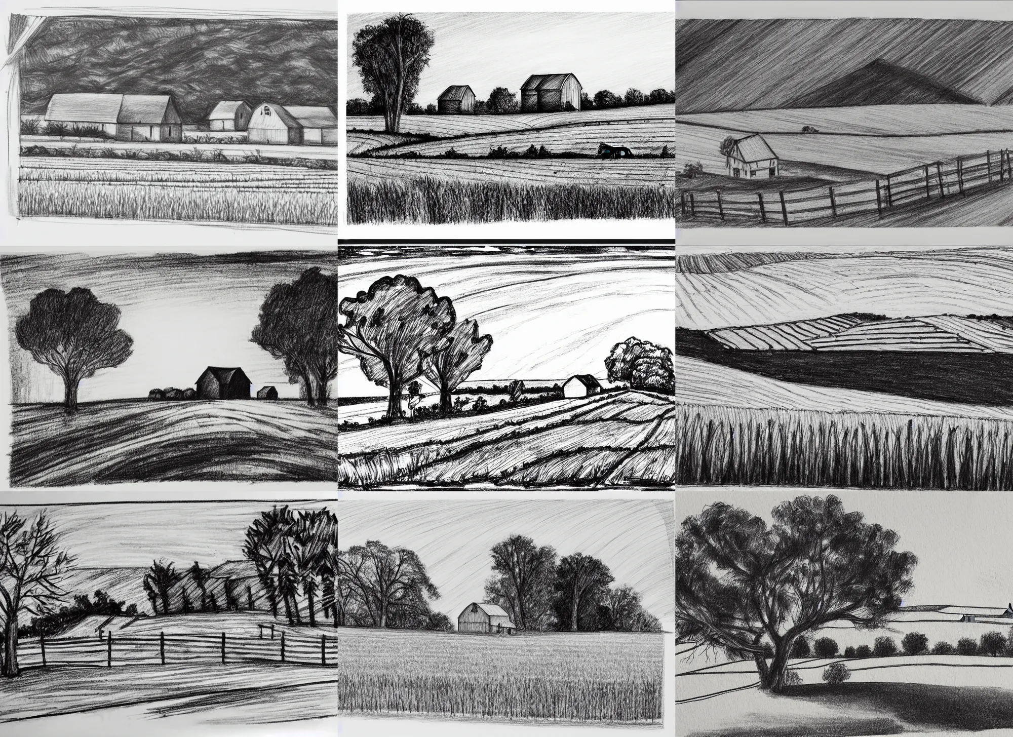Prompt: a beautiful black and white sketch print on paper of rural landscape with a farm on white background