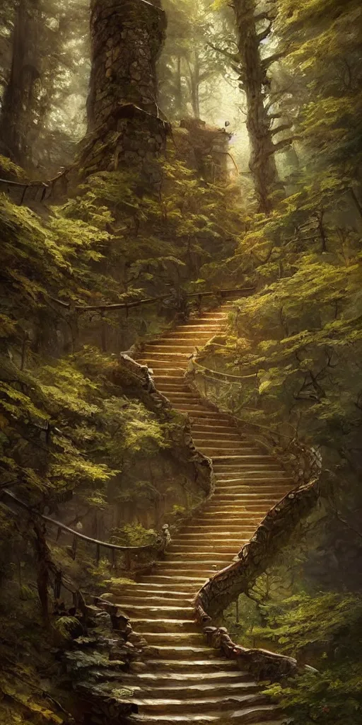 Image similar to a man walking up a steep and winding staircase, in beautiful woods, intricate, elegant, highly detailed, oil painting, artstation, concept art, sharp focus, beautiful illustration, society, by justin gerard and artgerm, 4 k