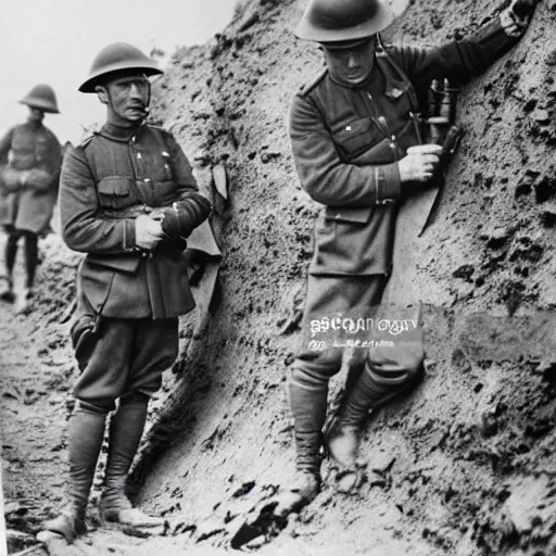 Image similar to ww 1, in the trenches. two soldiers fixing a telegraphy line while their corps is under attack