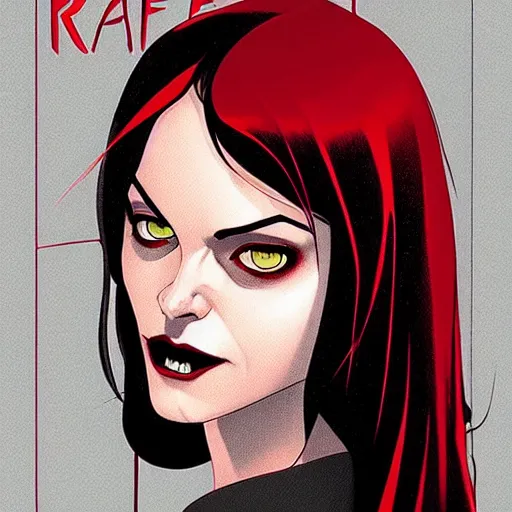 Image similar to Rafeal Albuquerque comic art, Joshua Middleton comic art, pretty female Phoebe Tonkin,l vampire, fully red eyes no pupils, razor sharp teeth open mouth evil smile, horror, symmetrical face, symmetrical eyes, pretty white dress, short black hair, full body:: snow outside::