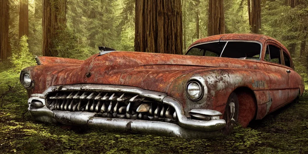 Prompt: Photograph of an abandoned rusty 1950's Buick in an old redwood forest, massive trees, overgrown with vegetation, sun shining through the trees, backlit, crepuscular rays, realistic octane render, 8k, ultra detailed close up