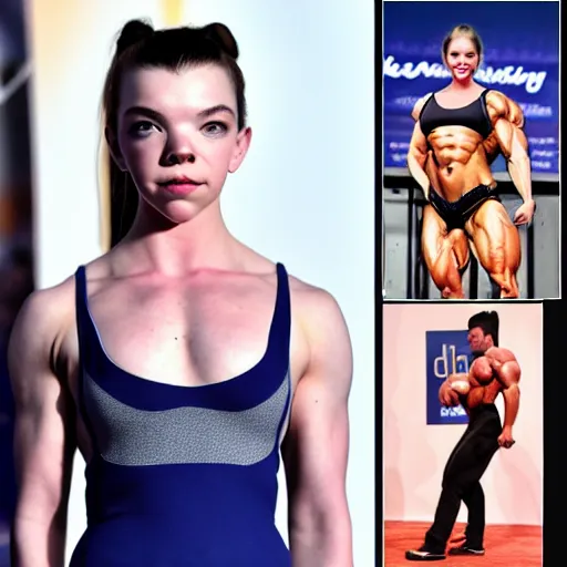 Prompt: anya taylor - joy jacked bodybuilder fitness steroid muscular vascular physique